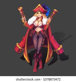 Sexy, Hot and Beautiful Twin Blaster Pirate Girl with Anime and Cartoon Style. Video Game's Digital CG Artwork, Concept Illustration, Realistic Cartoon Style Character Design