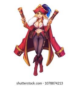 Sexy Hot Beautiful Twin Blaster Pirate Girl with Anime and Cartoon Style isolated on White Background. Video Game's Digital CG Artwork, Concept Illustration, Realistic Cartoon Style Character Design