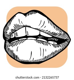 Sexy Lips Emotions. Beautiful Mouth With Red Lipstick. Isolated Fashion  Illustration. Kissing Lips. For Cosmetic Make Up Products. Hand Drawn Retro Vintage Old Style Illustration.