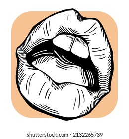 Sexy Lips Emotions. Beautiful Mouth With Red Lipstick. Isolated Fashion  Illustration. Kissing Lips. For Cosmetic Make Up Products. Hand Drawn Retro Vintage Old Style Illustration.