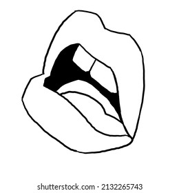 Sexy Lips Emotions. Beautiful Mouth With Red Lipstick. Isolated Fashion  Illustration. Kissing Lips. For Cosmetic Make Up Products. Hand Drawn Retro Vintage Old Style Illustration.