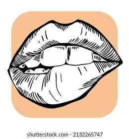 Sexy Lips Emotions. Beautiful Mouth With Red Lipstick. Isolated Fashion  Illustration. Kissing Lips. For Cosmetic Make Up Products. Hand Drawn Retro Vintage Old Style Illustration.