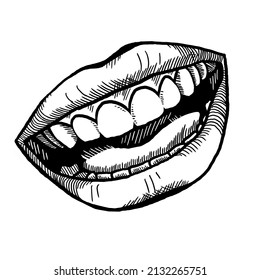 Sexy Lips Emotions. Beautiful Mouth With Red Lipstick. Isolated Fashion  Illustration. Kissing Lips. For Cosmetic Make Up Products. Hand Drawn Retro Vintage Old Style Illustration.