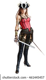 Sexy Pirate female posing with dual cutlass swords on an isolated white background. 3d rendering