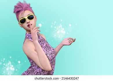 Sexy pose of a woman with very short, pink hair wearing sunglasses and holding her index finger in front of her mouth.
3D illustration 3D rendering
