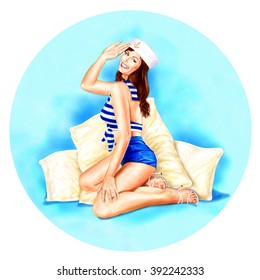 Sexy Sailor Girl Pinup of a figure n a sailor outfit and hat sitting in front of large pilows saluting the viewer