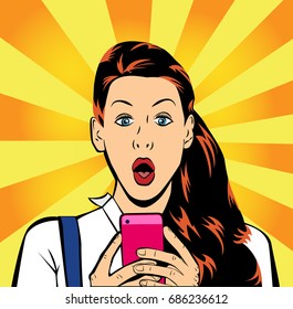 A sexy surprised woman looks into the smart phone with her eyes open and her mouth. You can use it as an advertising banner or an invitation to a party. Pop art retro style illustration.