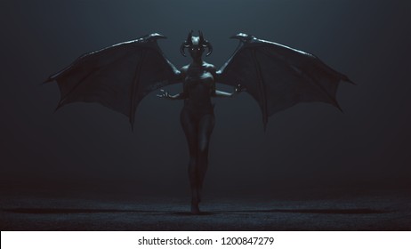 Sexy Winged Devil Woman in a foggy void 3d Illustration 3d render