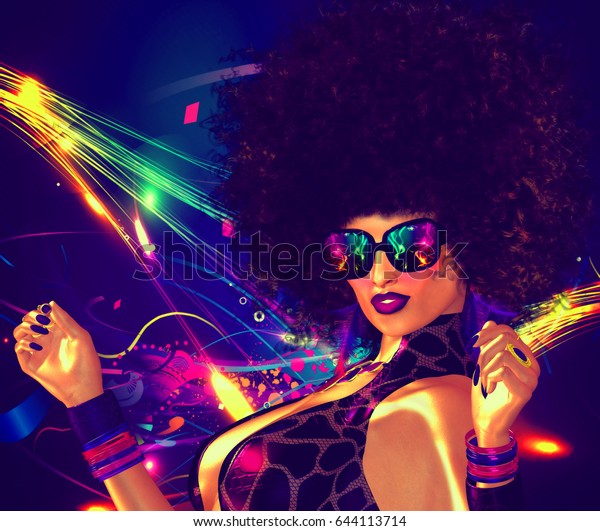 アフロヘアスタイルのダンスディスコのセクシーな女性 セクシーな紫の服を着た美しいアフリカ人女性 アフロ ディスコ ダンサー の女性の抽象的でレトロなデジタルアート画像 3dレンダリングイラスト のイラスト素材 644113714