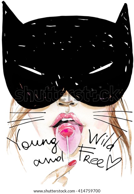 セクシーな女性 可愛い猫 水彩イラスト ヤング ワイルド フリーtシャツ のイラスト素材