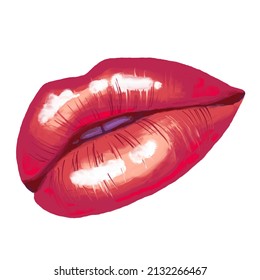 Sexy Woman Lips With Glossy Lipstick. Open Mouth With Beautiful Teeth Talking, Laughing, Smiling, Kissing. Hand Drawn Colorful Realistic Isolated Illustration. Old Style Drawing.