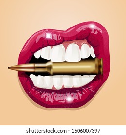 Sexy Woman Pink Lips Bite A Bullet. Illustration