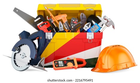 Seychelloise flag painted on the toolbox. Service, repair and construction in Seychelles, concept. 3D rendering isolated on white background