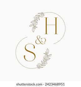 SH Logo initials wedding monogram logo design in simple brown circle leaf frame