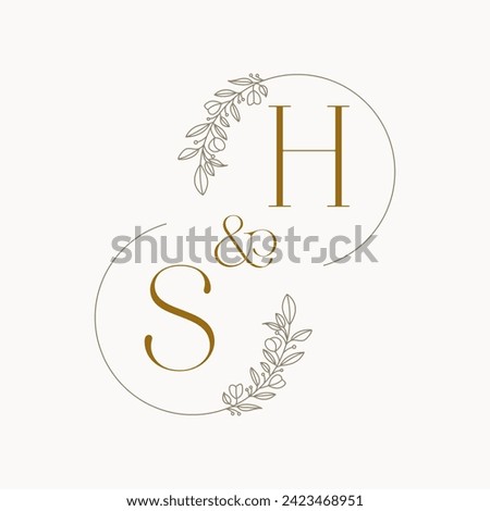 SH Logo initials wedding monogram logo design in simple brown circle leaf frame