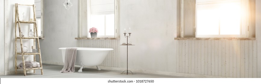 Shabby Chic Bathroom With Sun Flare And Decoration 3d Rendering Panorama