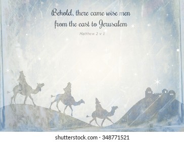 Shabby Chic Christmas Background Note Paper Design With The Wise Men Riding On Camels And Bible Scripture Text.