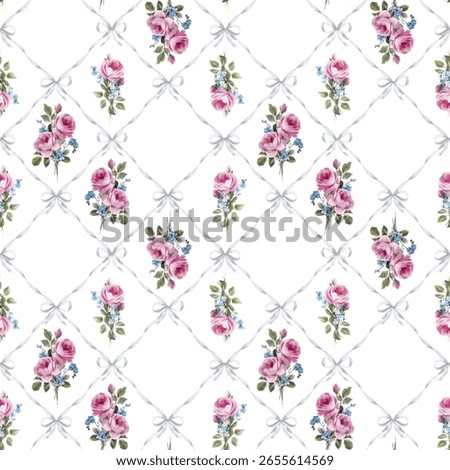 Shabby chic rose pattern with ribbons and gingham seamless vintage floral design with pink roses, blue bows, and pastel diamonds. Ideal for textiles, wrapping, and romantic interiors.