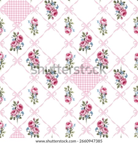 Shabby chic rose pattern with ribbons and gingham seamless vintage floral design with pink roses, blue bows, and pastel diamonds. Ideal for textiles, wrapping, and romantic interiors.