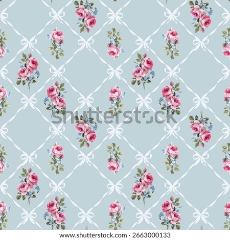 Shabby chic rose pattern with ribbons and gingham seamless vintage floral design with pink roses, blue bows, and pastel diamonds. Ideal for textiles, wrapping, and romantic interiors.