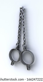 Shackles And Chain Lying Open On White Wall Background. 3D-rendering.