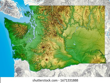 Shaded relief map of Washington State, USA with natural and bright colors