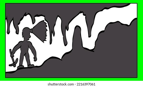 A shadow of a miner that is in the cave which is also a shadow