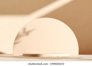 Shadow on the wall - 3D render. Premium podium, pedestal, base stand on pastel light background. Mockup for natural eco friendly cosmetics, spa product. 