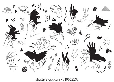 Shadow pantomime retro illustrations. Crazy hands doodle set.