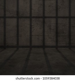 Shadow Of Prison Bars Cast Along A Concrete Cell To The  Worn And Chipped Opposite Concrete Wall. - 3D Illustration