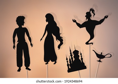 アラディン ジャスミン ジニー マジックランプ 宮殿の影の人形 のイラスト素材 Shutterstock