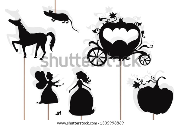 白い背景にシンデレラ 妖精のゴッドマザー ガラスのスリッパ カボチャ ネズミ 魔法をかけた馬車 馬の影の人形 のイラスト素材
