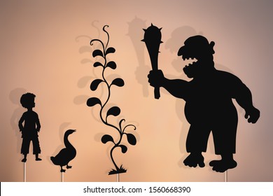 Shadow Puppets Of Jack, Giant, Goose And Beanstalk. 