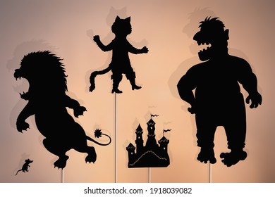 Shadow puppets of Puss in Boots, Ogre and his castle. Puss in Boots storytelling,