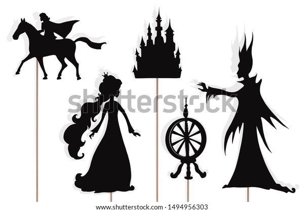 Shadow\
puppets of Sleeping Beauty, Prince, evil fairy Maleficent, castle\
and spinning wheel, isolated on white\
background.