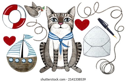 Shadow Tabby Serious Funny Cat With Big Eyes, Navy Clothes , Little Bird, Rescue Circle, Marine Boat, Rope, Red Hearts, Letter And Pen. Cute Sea Set For Print, Wallpaper, Fabric Or Other Design 