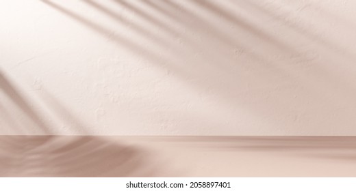 Shadows On Wall With Tropical Tree Texture Product Display Mockup, Minimal Pastel Beige Scene For Beauty Products Presentation And Showcase Banner. 3d Rendering