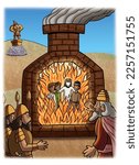 Shadrach, Meshach and Abednego inside fiery furnace saved from God with King Nebuchadnezzar and others looking on. Daniel 3