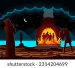 Shadrach, Meshach, and Abed-nego thrown into a fiery furnace. Paper art. Abstract, illustration, minimalism. Digital Art. Bible story.