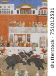 SHAH JAHAN WATCHING AN ELEPHANT FIGHT, by Bulaqi, 1639, Indian, Mughal watercolor painting. Shah Jahan, fifth Mughal Emperor, reigned from 1628-58. The Emperor and his two sons are shown in profile at