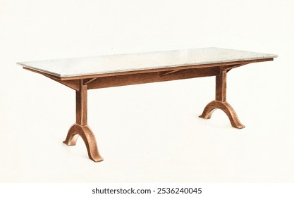 Shaker Dining Table with Marble Top (c. 1953) by John W. Kelleher. Vintage Dining Table with Marble Top furniture watercolor art illustration, antique Dining Marble Top table design art print.