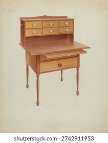 Shaker Sewing Table (c 1938) by Alfred H Smith. Vintage watercolor illustration, artwork.