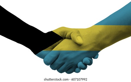 Shaking hands Bahamas flag on isolated white background