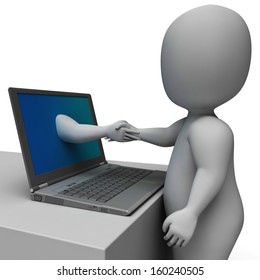 Shaking Hands Through Computer Showing Online Deal Contract