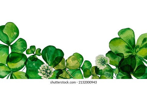 Shamrock And Green Clover Banner Watercolor On White Background