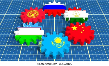 Shanghai Cooperation Organisation Association Of Six National Economies Members Flags On Cog Wheels. 