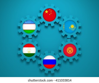 Shanghai Cooperation Organisation Association Of Six National Economies Members Flags On Cog Wheels. Global Teamwork. Blue Background. 3D Rendering