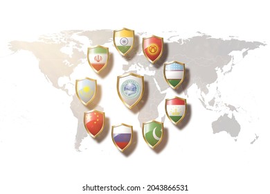 Shanghai Cooperation Organization (SCO) countries flags in golden shield on world map background.sco new permanent member iran.