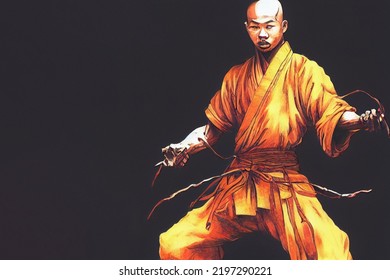 Shaolin Warrioir Monk Portrait With Copy Space, Digital Illustration