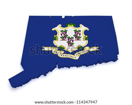 Shape 3d of Connecticut map with flag isolated on white background.